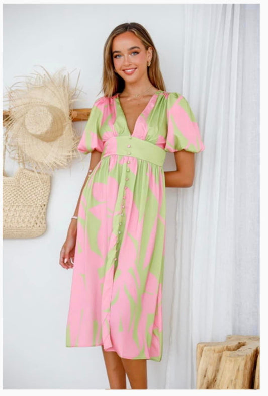 midi dress with puffy sleeves in a blend of neon lime green and pale pink