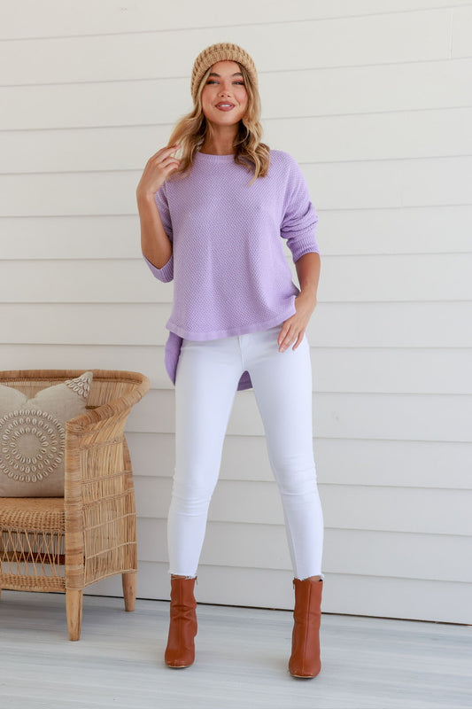 soft lilac purple knit jumper with high low fit and zip at the back