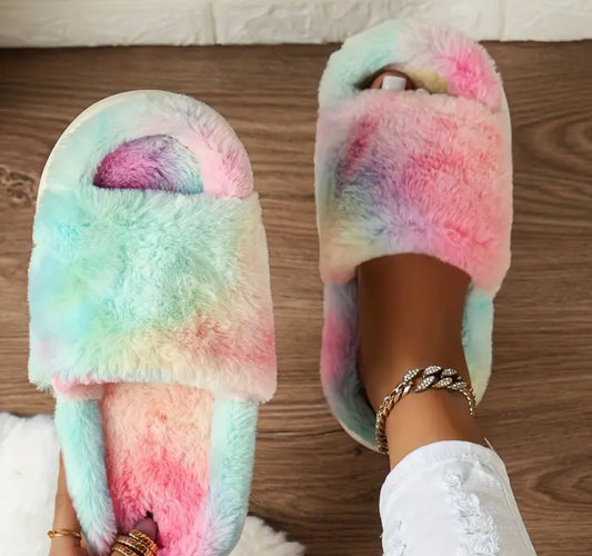 rainbow fuffy slide slippers