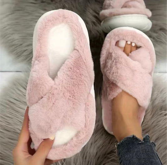fluffy slide slippers in blush pink