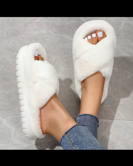 white fluffy platform slippers