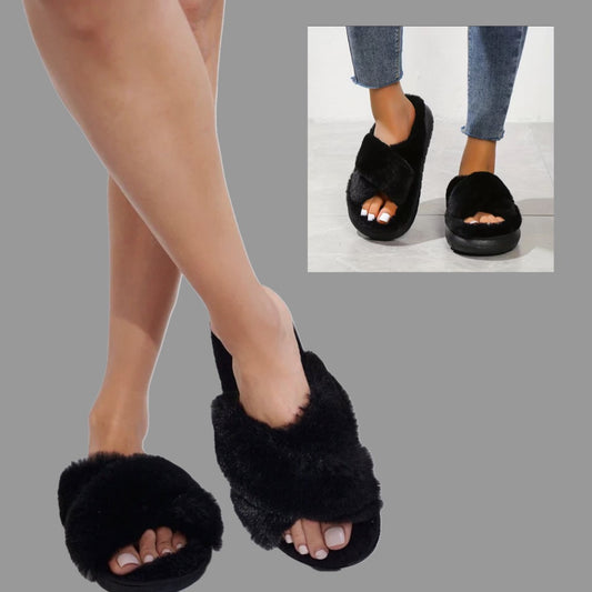 fluffy slide slippers in black