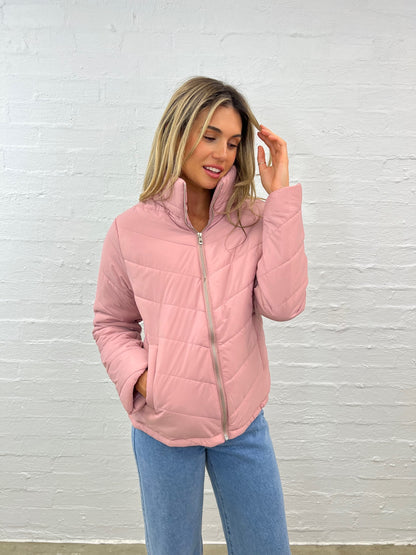 blush pink puffer coat with zip front and pockets