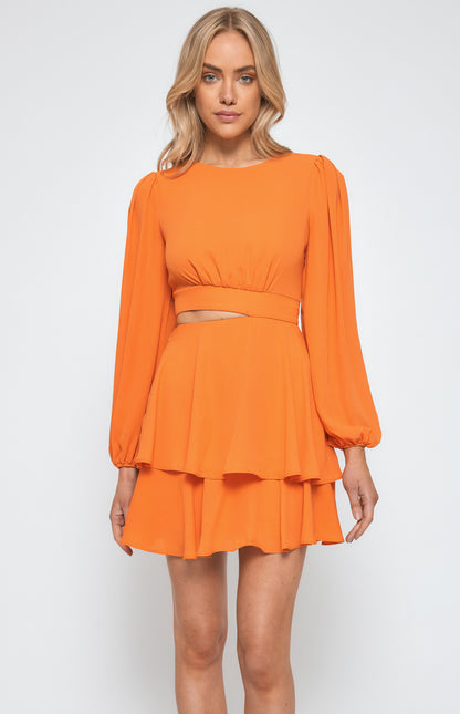 bright orange long sleeve party dress with cutout and double tiered skirt
