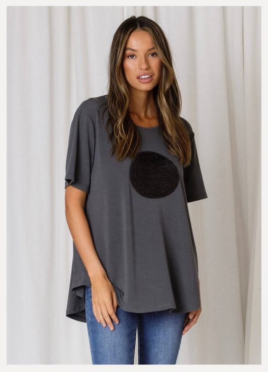 charcoal grey comfy tee t-shirt featuring a sequin circle on the front