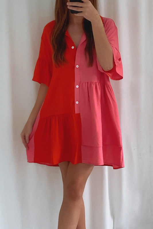 trendy two tone shirt dress in red and pink with buttoned front and sleeves