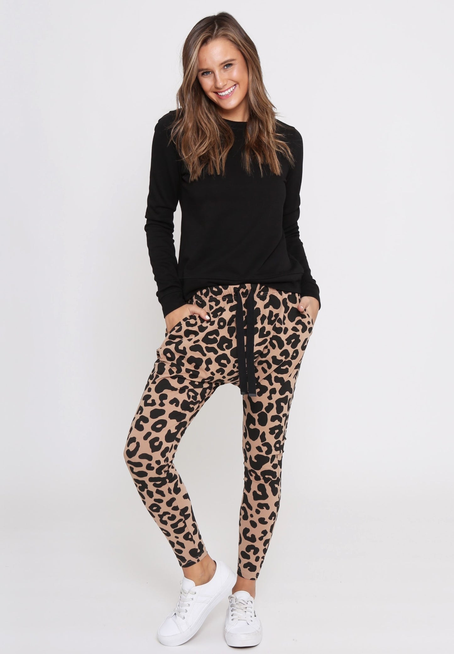 tan camel coloured leopard print jogger pants super comfy style