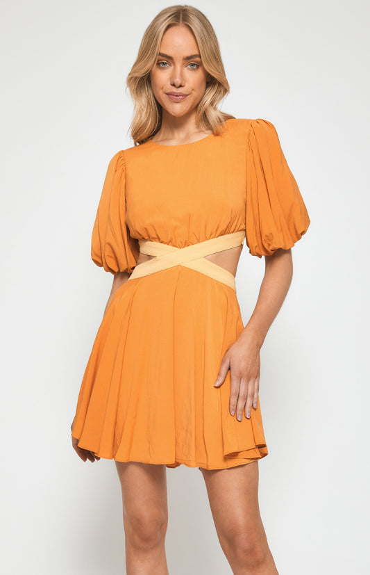 bright vibrant orange party dress with cutout features and puffy sleeves