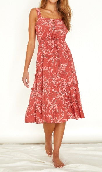 red and white floral midi dress with elastic waist and adjustable shoulder straps