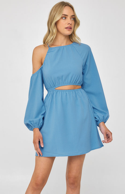 bright blue party dress with long sleeves and cutout details