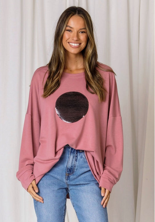 comy sweat style jumper in stunning pink blush colour featuring sequin circle on the front
