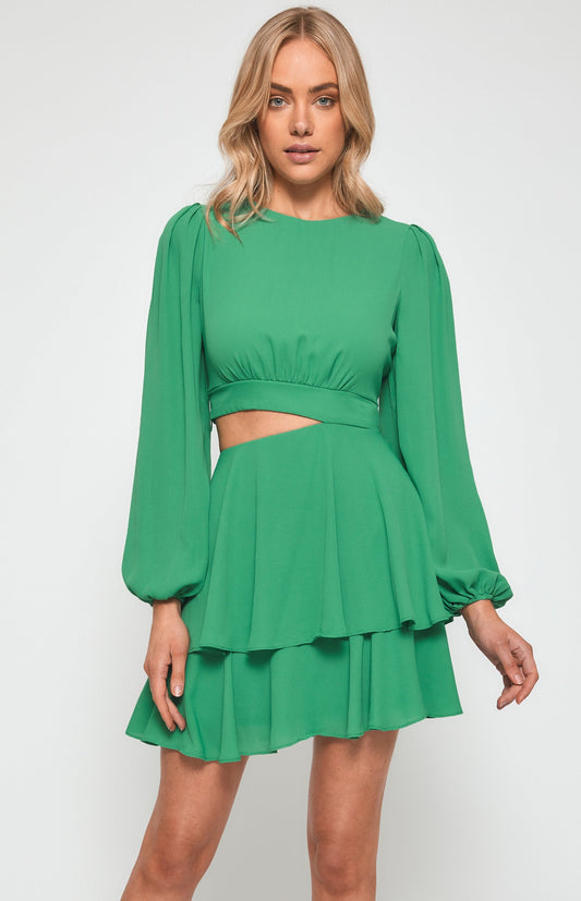 bright green long sleeve party dress with cutout and double tiered skirt