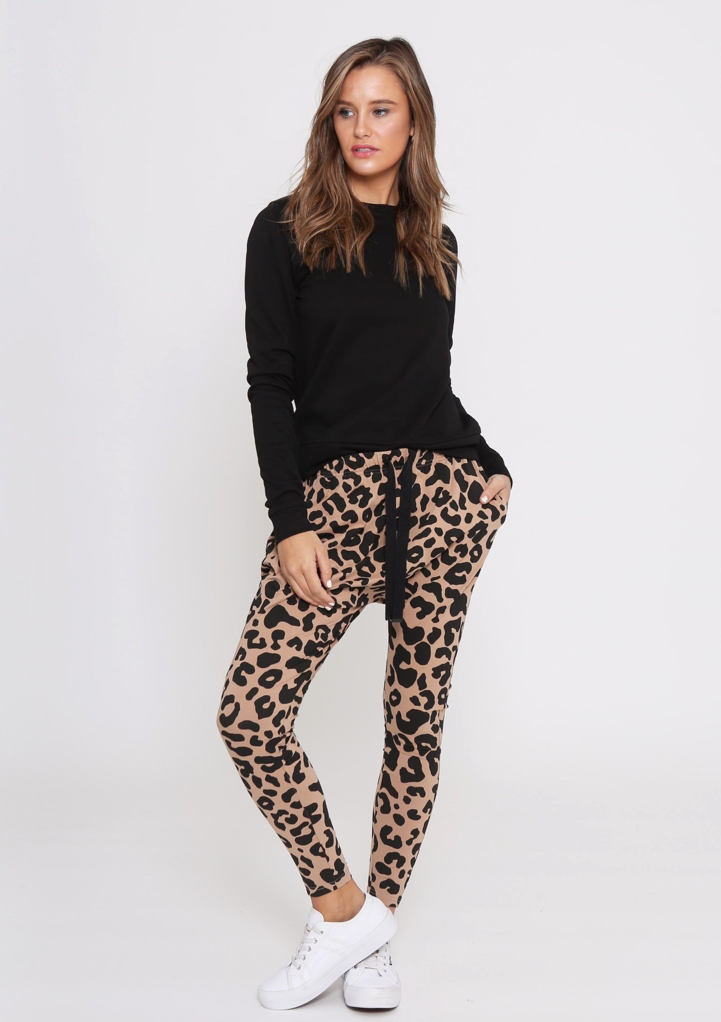 tan camel coloured leopard print jogger pants super comfy style